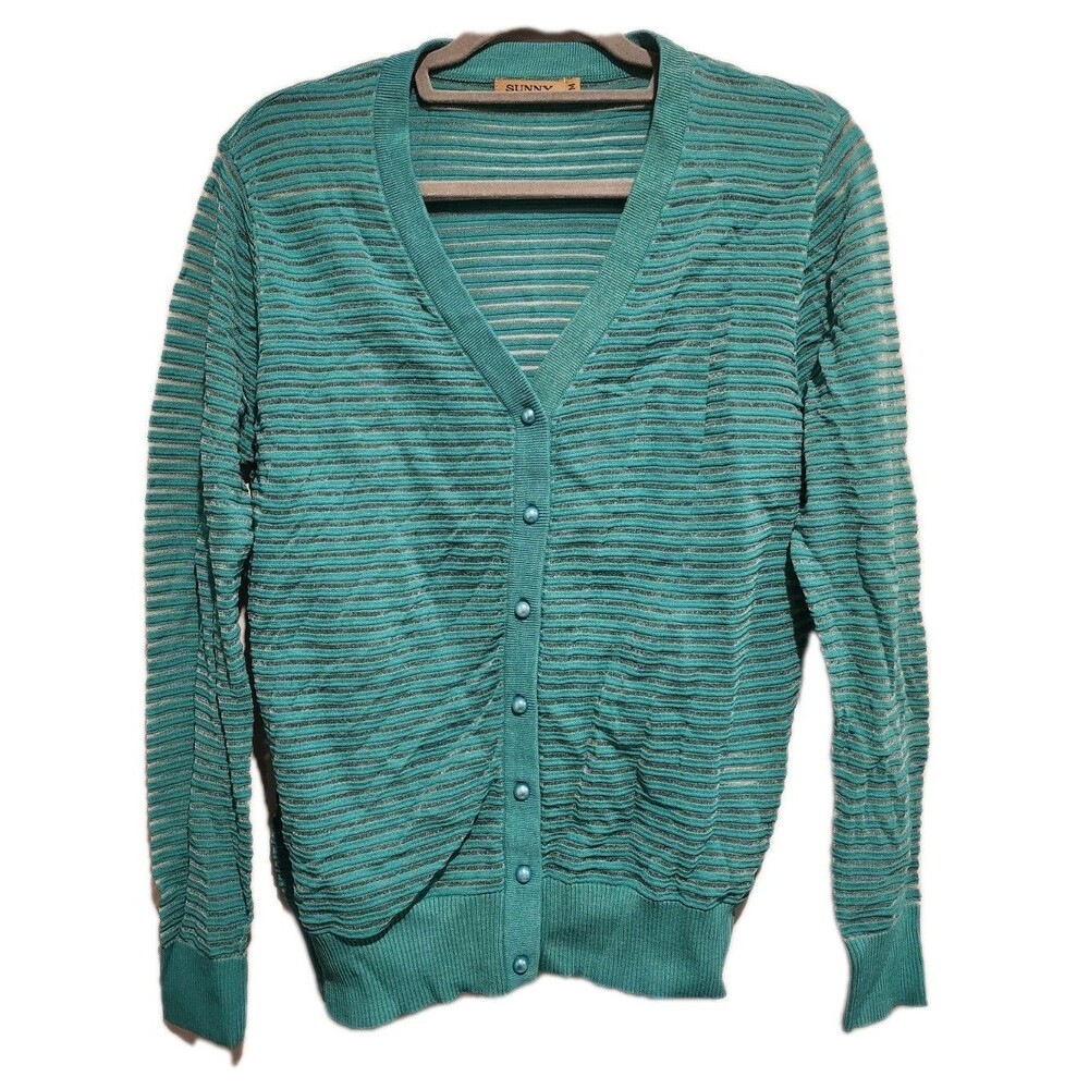 Sunny Brand Sheer Stripe Pearl Button Cardigan Sweater Teal Size Medium